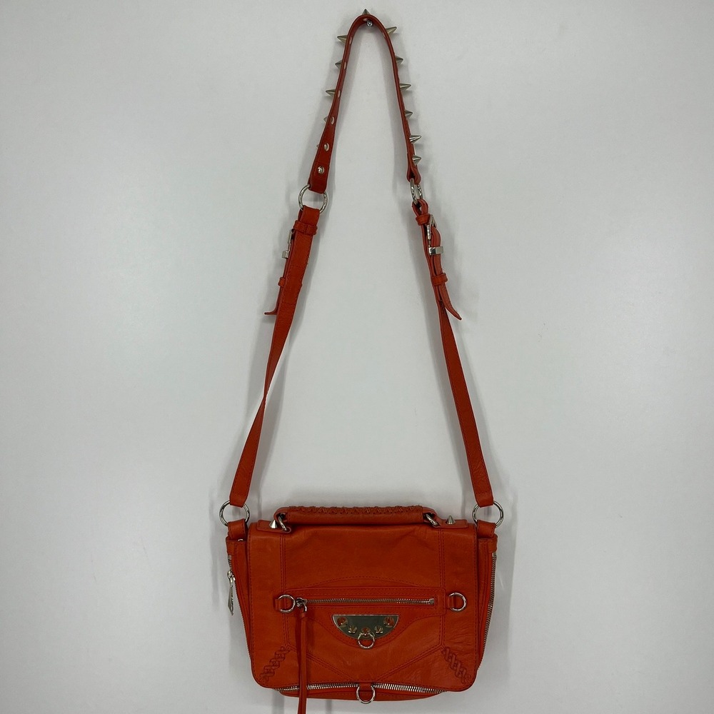 Sam Edelman Orange Leather Spiked Studded Moto Crossbody Bag Silver Hardware
